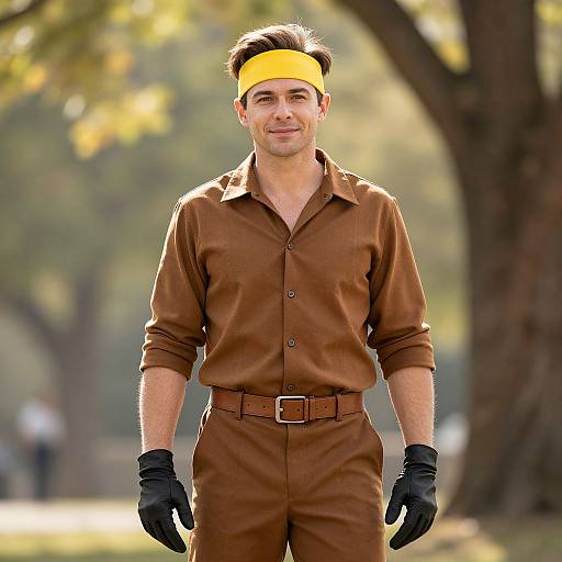 Photograph of a smiling Caucasian man with short brown hair, wearing a brown jumpsuit, yellow headband, black gloves, and standing outdoors. Background