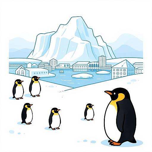 Cartoon illustration of seven penguins with black and orange feathers, standing on icy landscape with blue mountains and snowy buildings.