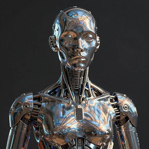 Photorealistic CGI of a shiny, silver humanoid robot with reflective surfaces, intricate mechanical joints, and a blank, expressionless face against a dark background