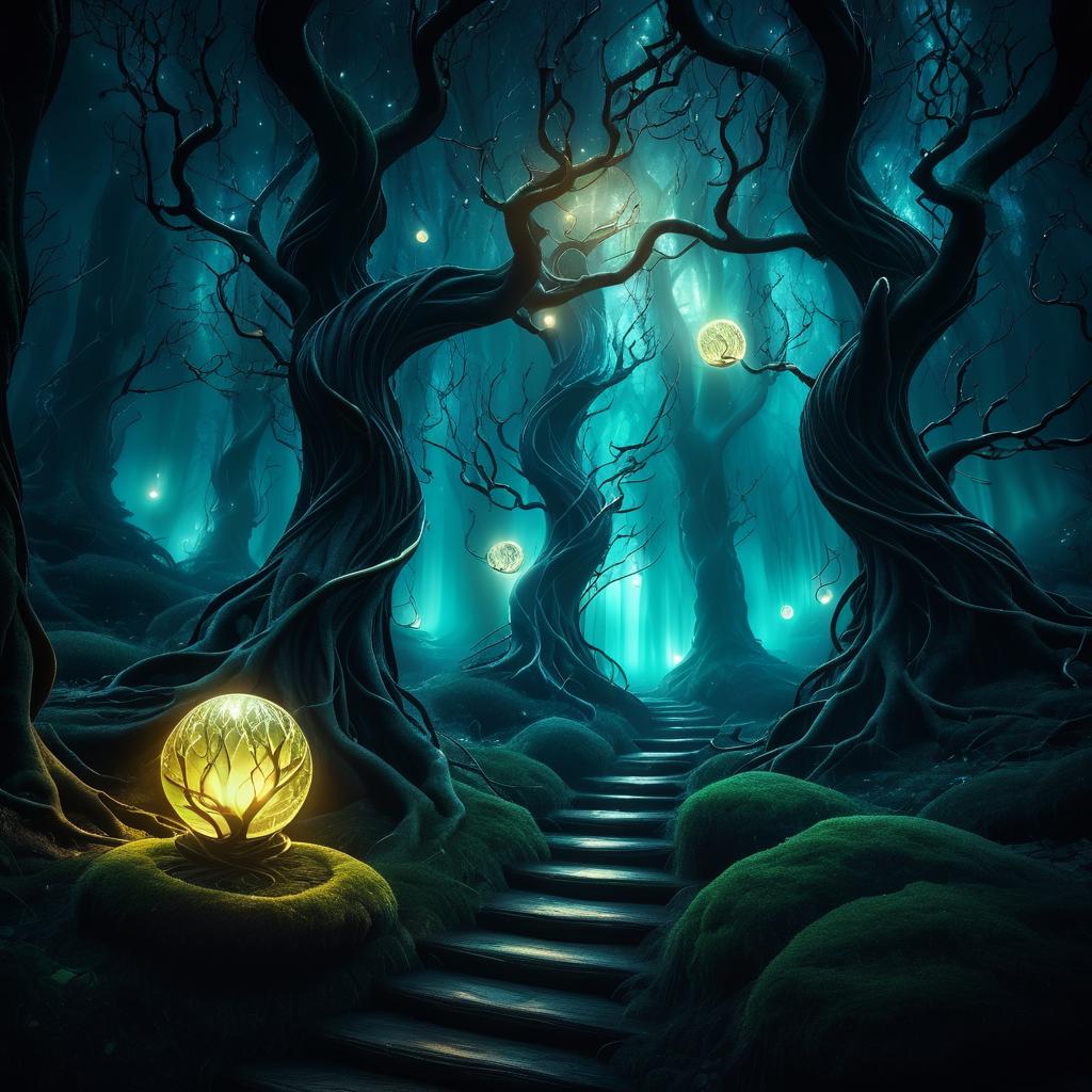 Enchanted Dark Forest with Glowing Orbs