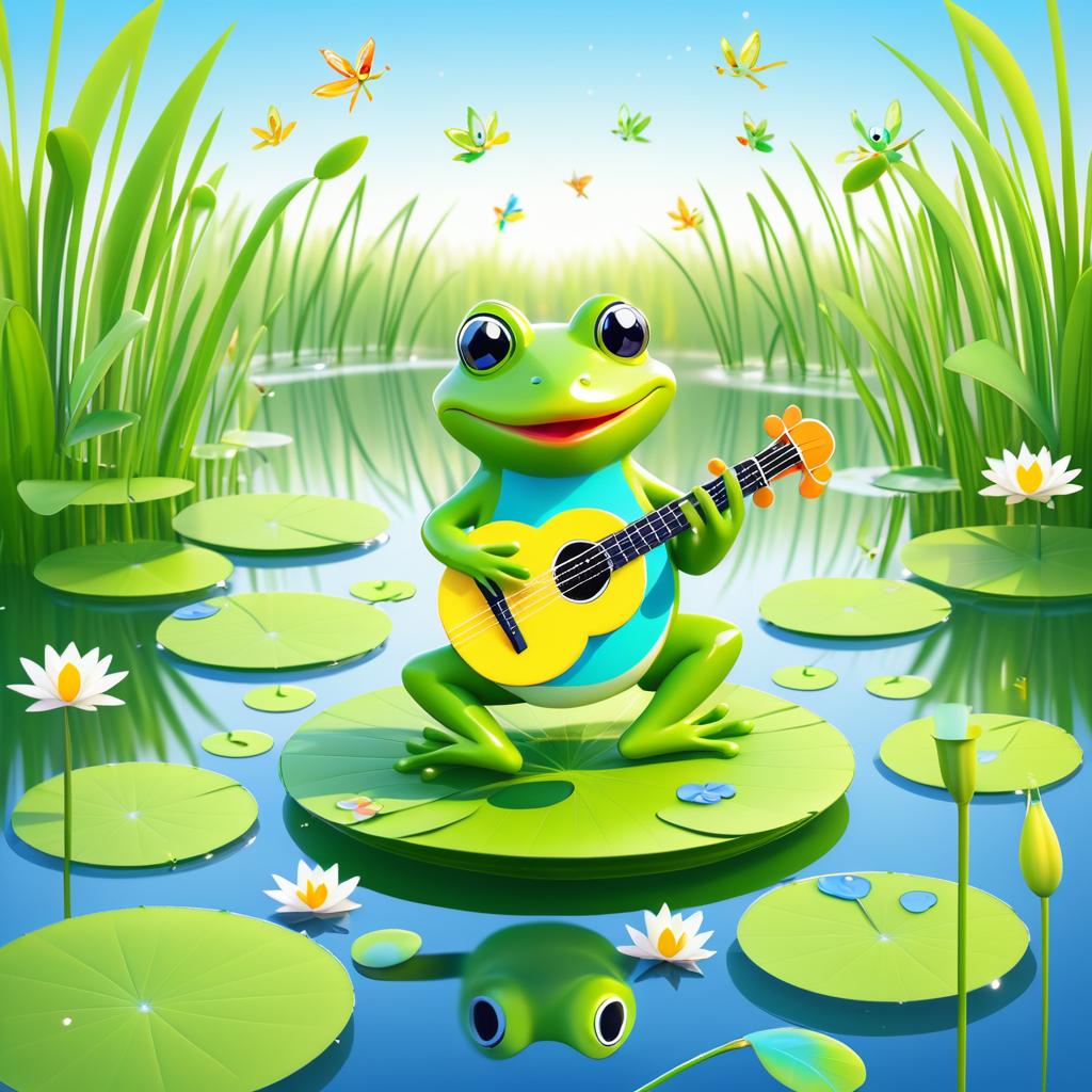 Joyful Frog Playing Guitar in Pond