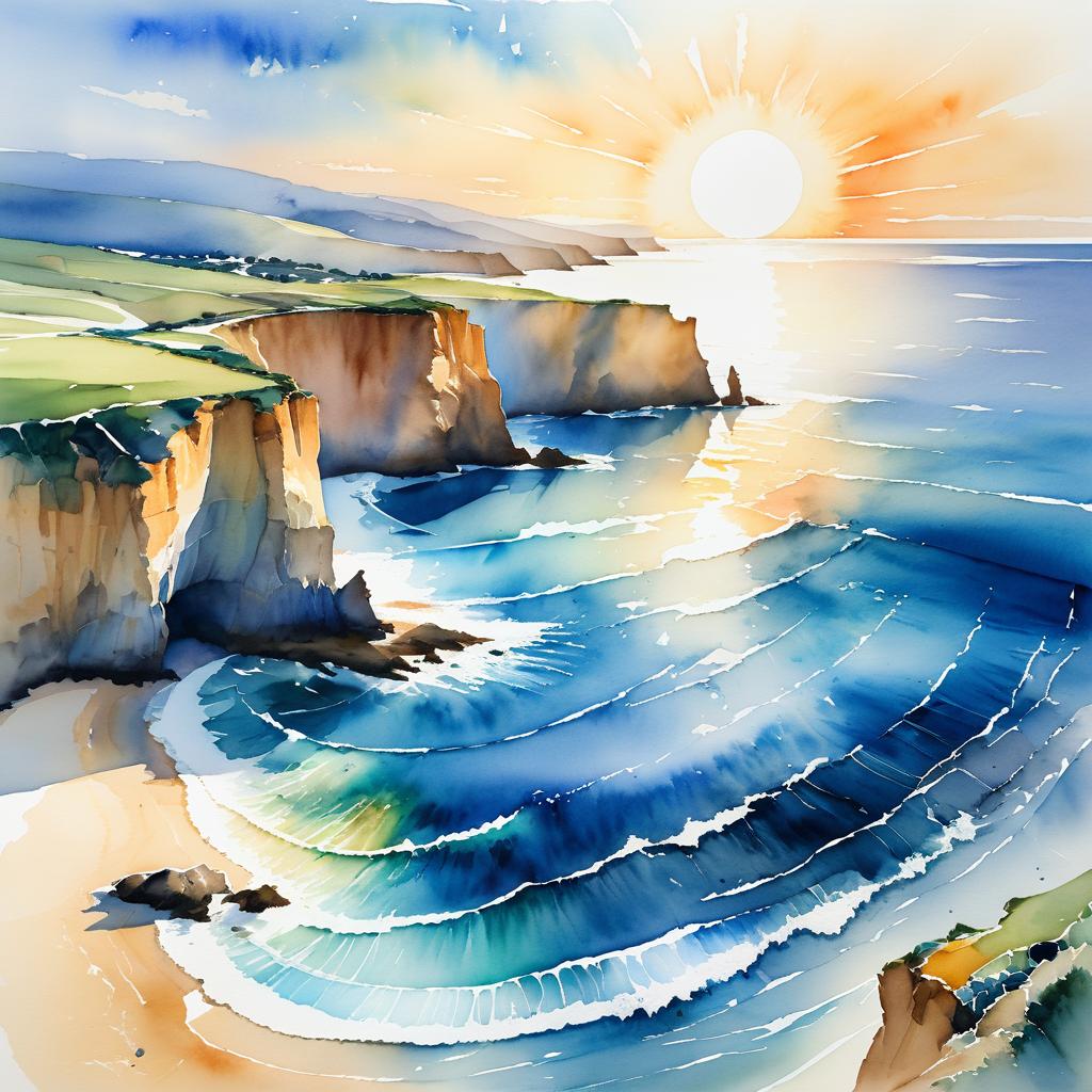 Vibrant Watercolor Coastline with Wildlife