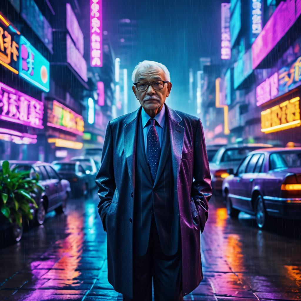 Surreal Elderly Man in Neon Cityscape