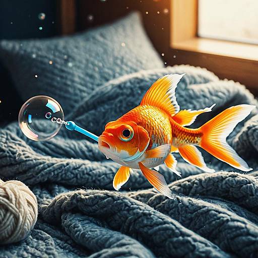 Cozy Goldfish Playing with Bubble Wand
