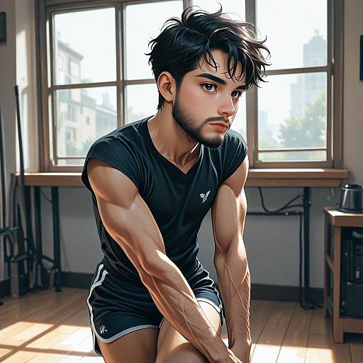 Digital illustration of a muscular, dark-haired man with stubble, wearing a black t-shirt and shorts, sitting in a sunlit room with large windows