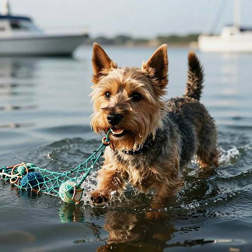 Cairn Terrier Retrieving Nets in Harbor