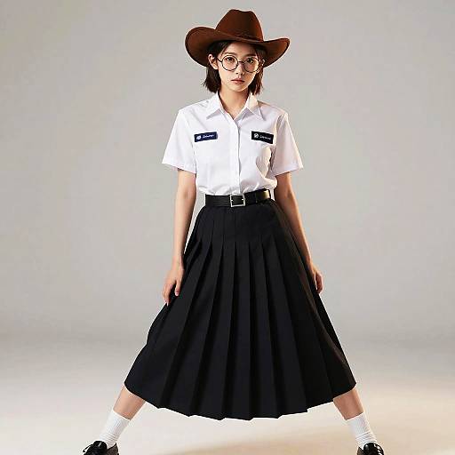 Photograph of an Asian woman with short black hair, wearing a brown cowboy hat, glasses, white shirt, black skirt, and white socks, standing