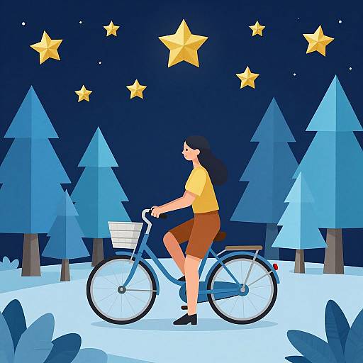 Digital illustration: Woman with long black hair, yellow shirt, brown shorts, riding blue bicycle in snowy forest at night, with yellow stars in sky.