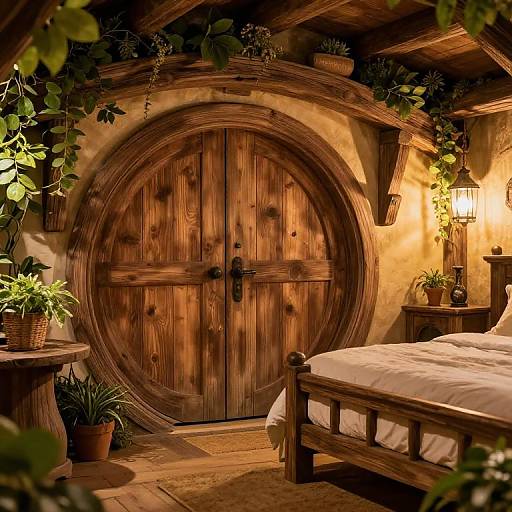 Cozy, rustic hobbit-style room with a wooden round door, potted plants, warm lantern light, and a wooden bed. Photorealistic