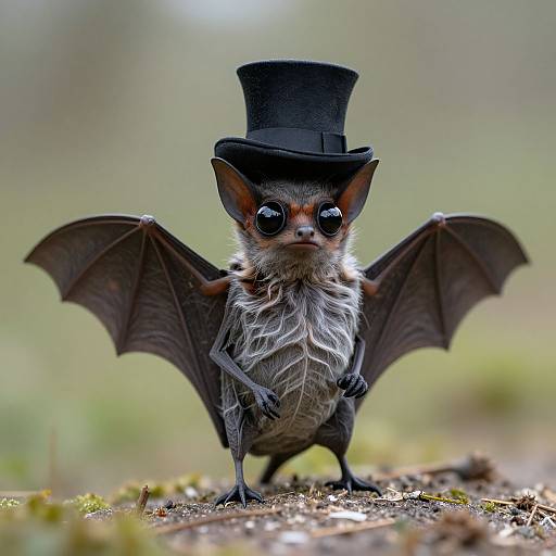 Photograph of a small bat with large, round eyes, wearing a black top hat, standing on a mossy ground, wings spread, with a