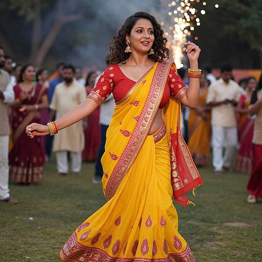 Photograph of a smiling Indian woman with curly black hair, wearing a yellow saree with red border, red blouse, dancing outdoors at night with spark