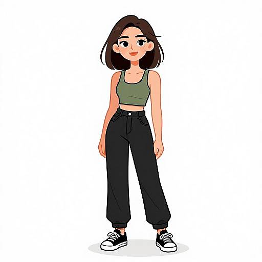 Digital drawing of a cute, anime-style girl with medium brown hair, green crop top, black high-waisted pants, and black sneakers, standing