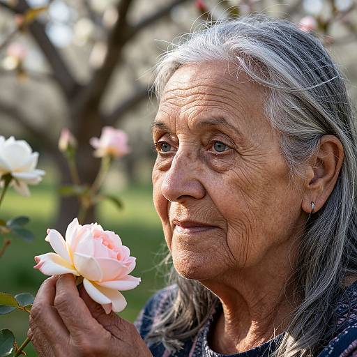 Photograph of an elderly woman with gray hair, holding a pink rose, smiling gently, surrounded by a blurred garden.