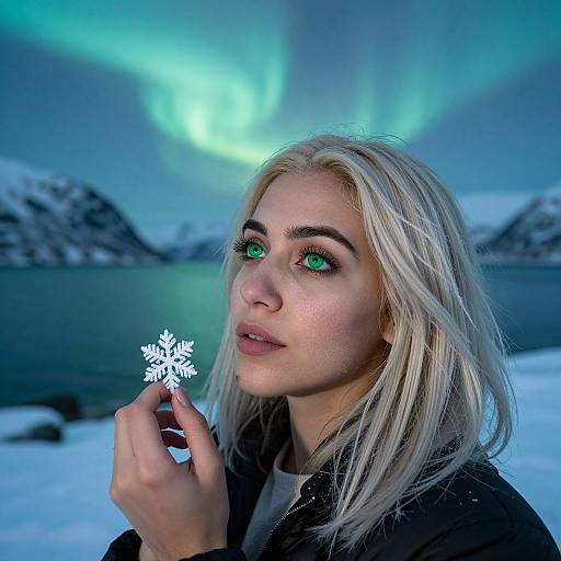 Photograph of a blonde woman with green eyes holding a snowflake, set against a backdrop of vibrant auroras and snowy mountains.