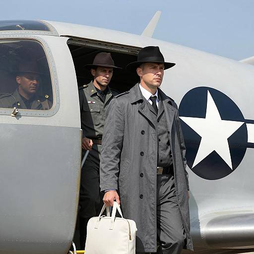 Men Exiting Military Plane with Star Insignia