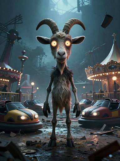 CGI fantasy scene: eerie, glowing-eyed, horned goat stands in a dark, neon-lit carnival at night, surrounded by overturned cars and