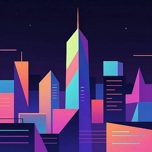 Digital artwork of a neon-lit cityscape at night, featuring geometric, colorful skyscrapers in shades of blue, pink, and orange against a