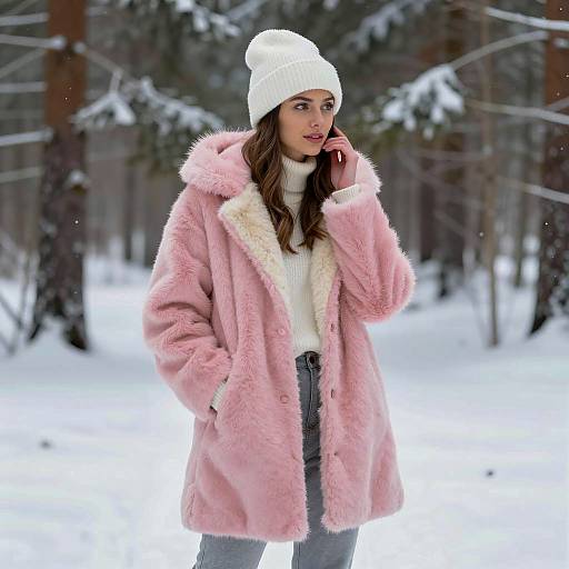 Woman in Pink Fur Coat in Snowy Forest