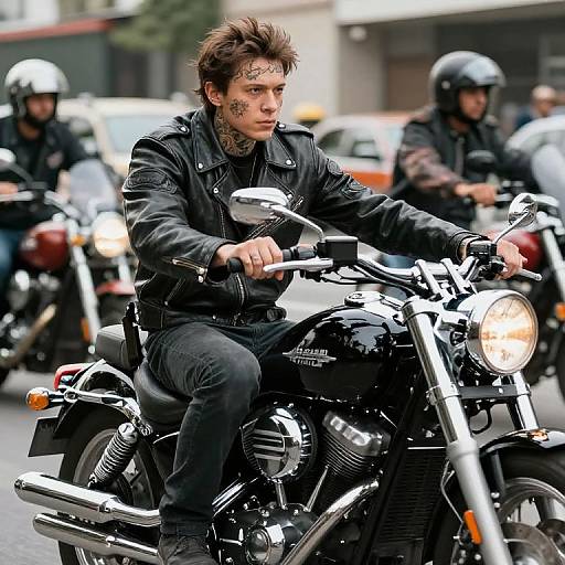 Photograph of a tattooed, spiky-haired man in black leather riding a shiny black motorcycle, surrounded by other motorcyclists in helmets on a