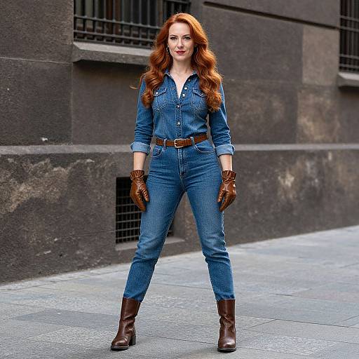 Photograph of a confident red-haired woman in blue denim jumpsuit, brown gloves, and boots, standing in urban alleyway.
