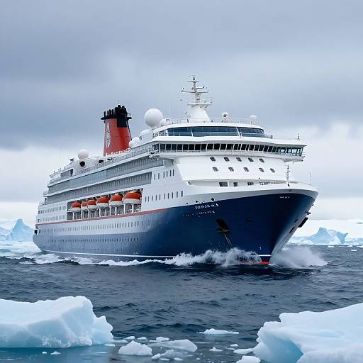 Photograph of a large white and black cruise ship with a red funnel, sailing through icy waters with floating icebergs. Overcast sky.