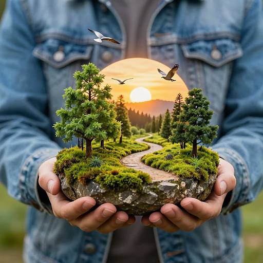 Photograph of hands holding a miniature moss-covered forest with trees, birds in flight, and an orange sunset, wearing a blue denim jacket.