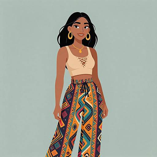 Digital illustration of a smiling dark-skinned woman with long black hair, wearing a white lace crop top and colorful, patterned high-waisted pants