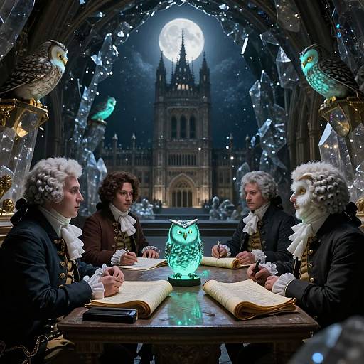 Digital artwork of three 18th-century men with owl masks, writing at a glowing moonlit Gothic cathedral table, surrounded by owls.