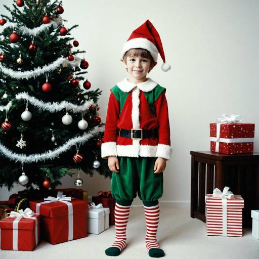 Child in Christmas Elf Costume by Tree
