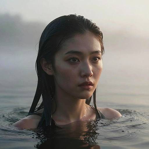 Mysterious Woman Emerging from Water at Dawn