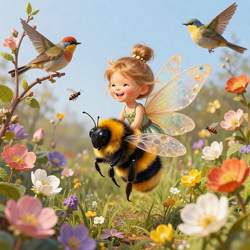 Digital illustration of a cheerful fairy with translucent wings, holding a bumblebee, surrounded by colorful flowers, two hummingbirds, and a bee, in