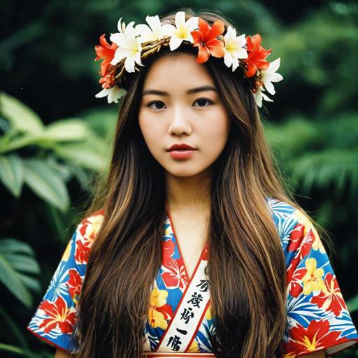 Young Woman in Recycled Hawaiian Costume with Flower Crown