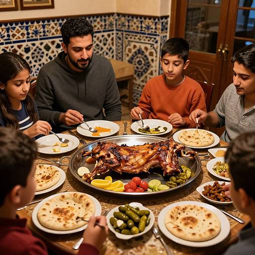 Photograph of five people, three boys and two girls, sitting around a table with a roasted whole chicken and various dishes.