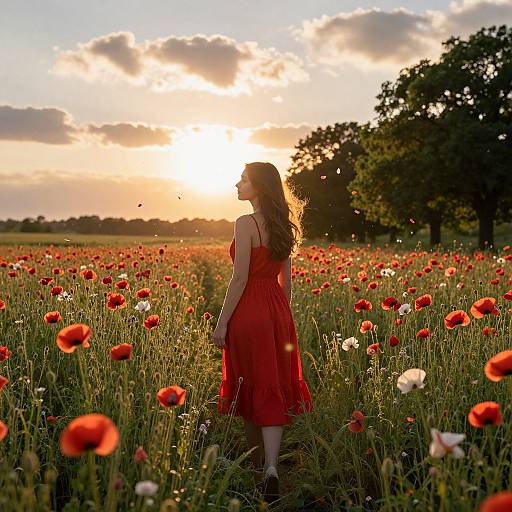 Photograph of a woman in a flowing red dress standing in a sunlit poppy field at sunset, with trees in the background.