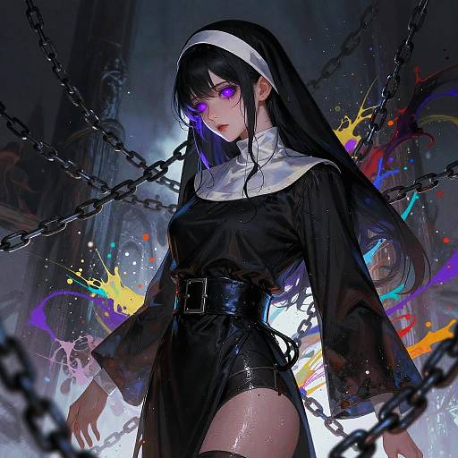 Digital anime artwork of a black-haired nun with glowing purple eyes, wearing a black habit and white coif, surrounded by chains and colorful splashes,