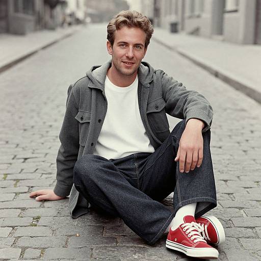 Photograph of a smiling Caucasian man with short brown hair, wearing a gray jacket, white t-shirt, blue jeans, and red sneakers, sitting on