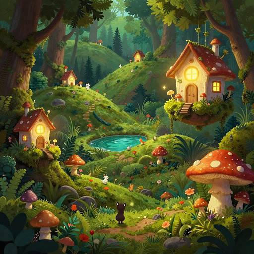 Whimsical digital painting of a magical forest with glowing mushroom houses, glowing pond, and enchanted creatures, surrounded by lush greenery.