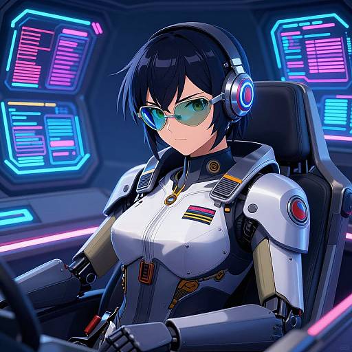 Digital anime-style drawing of a serious, blue-eyed, black-haired female pilot in a futuristic cockpit, wearing a white and black armored suit with headphones and