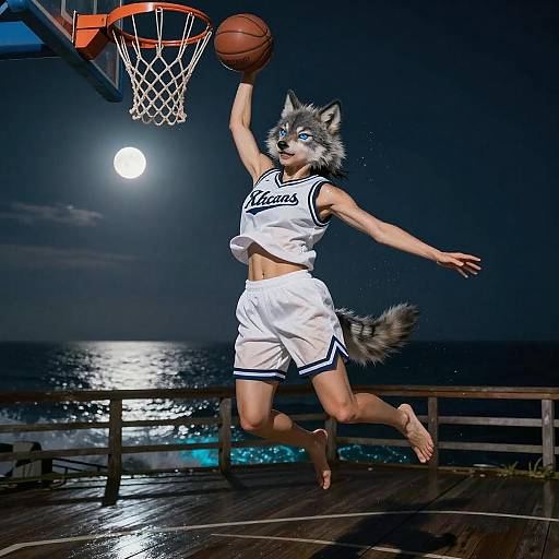 Anthro Wolf Basketball Dunk at Moonlit Coastal Court
