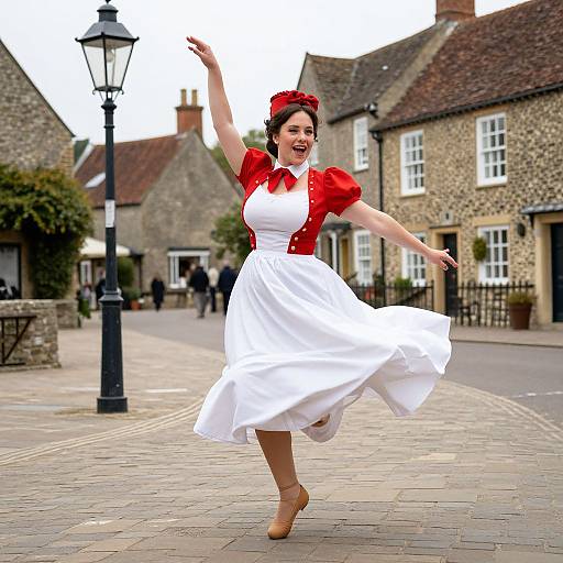 Photograph: Cheerful woman dancing on a cobblestone street in a village, wearing a red puffed-sleeve top, white skirt,