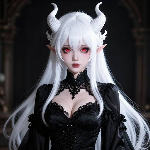 Digital art of a pale-skinned, red-eyed female demon with long white hair, black lace dress, and white horns, set against a dark,