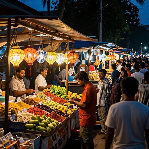 Vibrant nighttime market photograph: colorful fruit stalls, lanterns glowing, diverse crowd, men in casual clothes, bustling, lively atmosphere, tropical setting