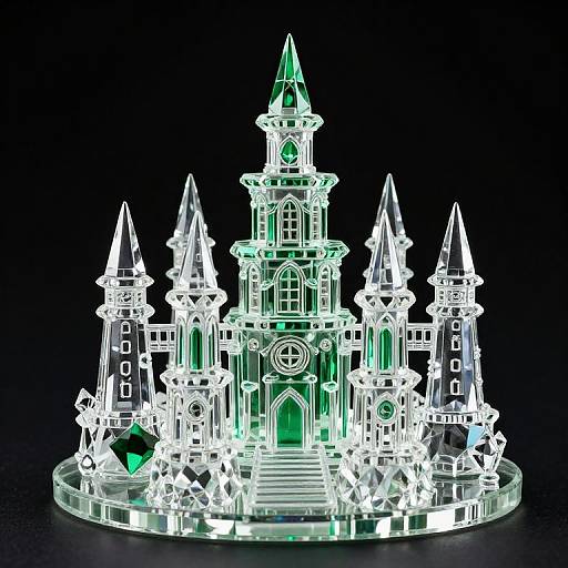 Glowing, neon-lit, transparent castle model with green accents, multiple spires, clock, and gemstones on a reflective glass base.