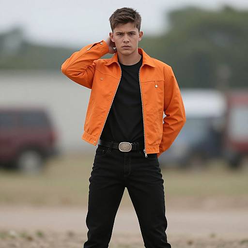 Photograph of a young man with short brown hair, wearing an orange jacket, black shirt, and black pants, standing confidently outdoors with a blurred background