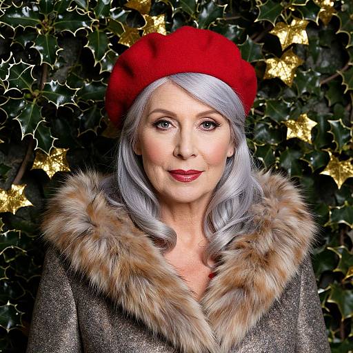 Photograph of an elderly woman with silver hair, red beret, and fur-trimmed coat, smiling against a dark green leafy background with