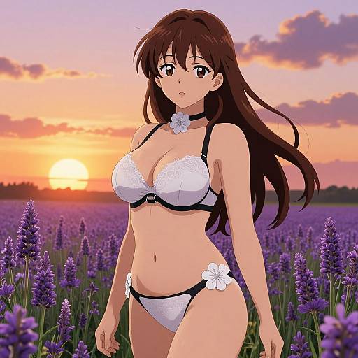 Anime-style drawing of a brown-haired woman in white lace lingerie with floral accents, standing in a vibrant purple field at sunset.