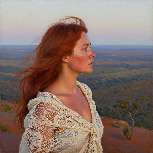 Photograph of a red-haired woman with freckles, wearing a white lace shawl, standing on a rocky hilltop, looking into the distance