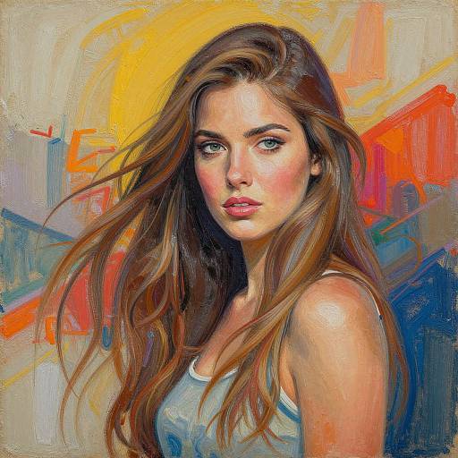 Digital painting of a young woman with long brown hair, blue eyes, and pink lips, wearing a white tank top, against a vibrant yellow and orange