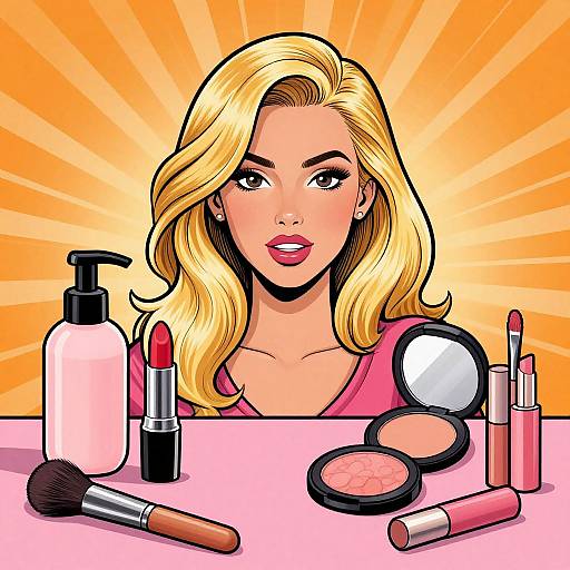 Comic-style illustration of a blonde woman with wavy hair, pink lipstick, and makeup background, surrounded by lipstick, mascara, blush, and lotion.