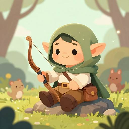 Cute chibi-style elf with green hood, white shirt, and brown pants, sits on a rock, holding a wooden bow in a sunlit